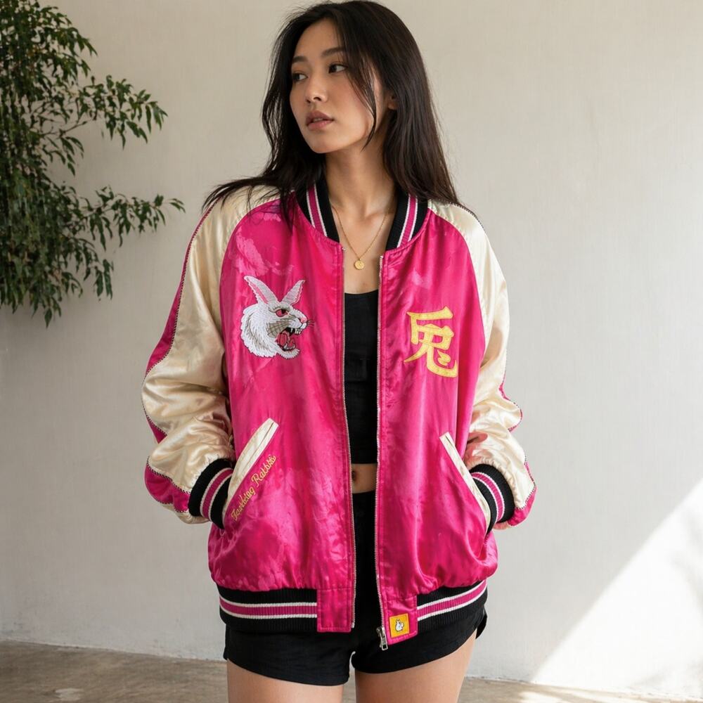 FR2 #FR2 Fxxking Rabbits Satin Souvenir Varsity Jacket Unisex L Pink Bomber NWT